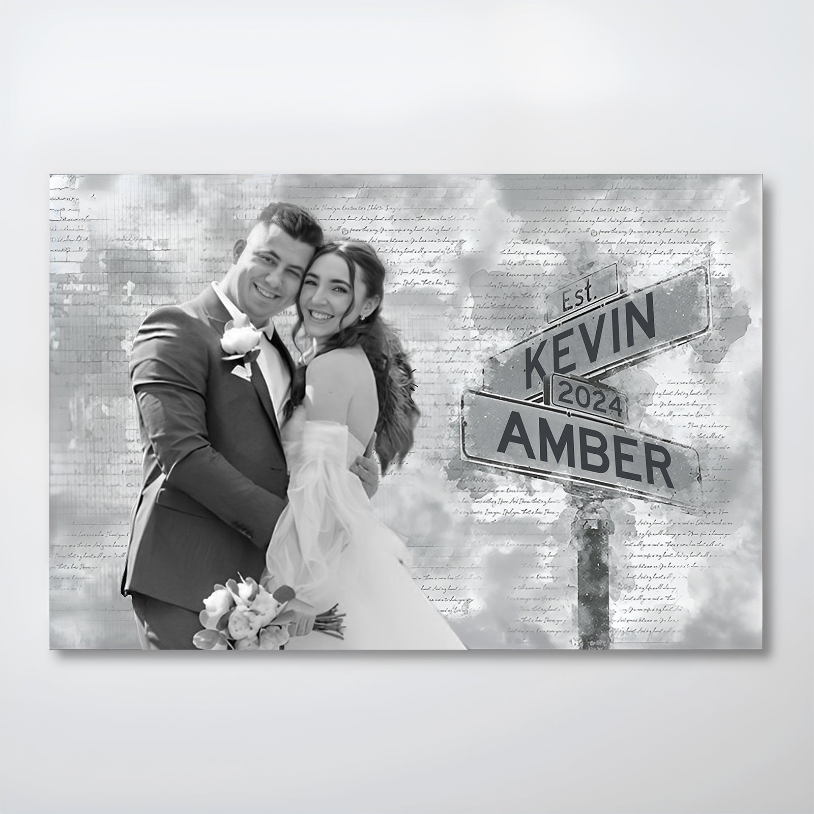 Black and white personalized couple poster featuring a smiling bride and groom with street signs showing names Kevin and Amber