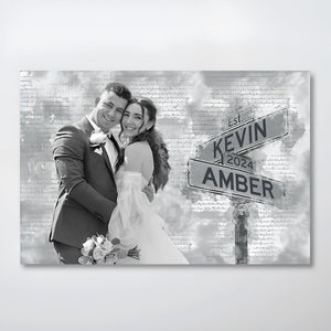 Black and white personalized couple poster featuring a smiling bride and groom with street signs showing names Kevin and Amber