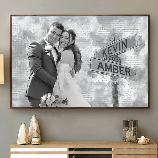 Personalized couple poster showing a happy bride and groom with street sign names Kevin and Amber established 2024