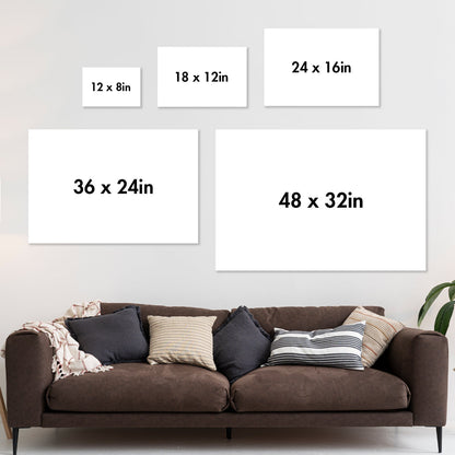 Living room with brown sofa and five blank white posters showing sizes for personalized couple poster options