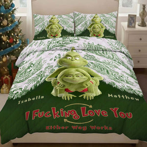Personalized couple quilt bedding set featuring quirky Grinch design with custom names Isabella and Matthew