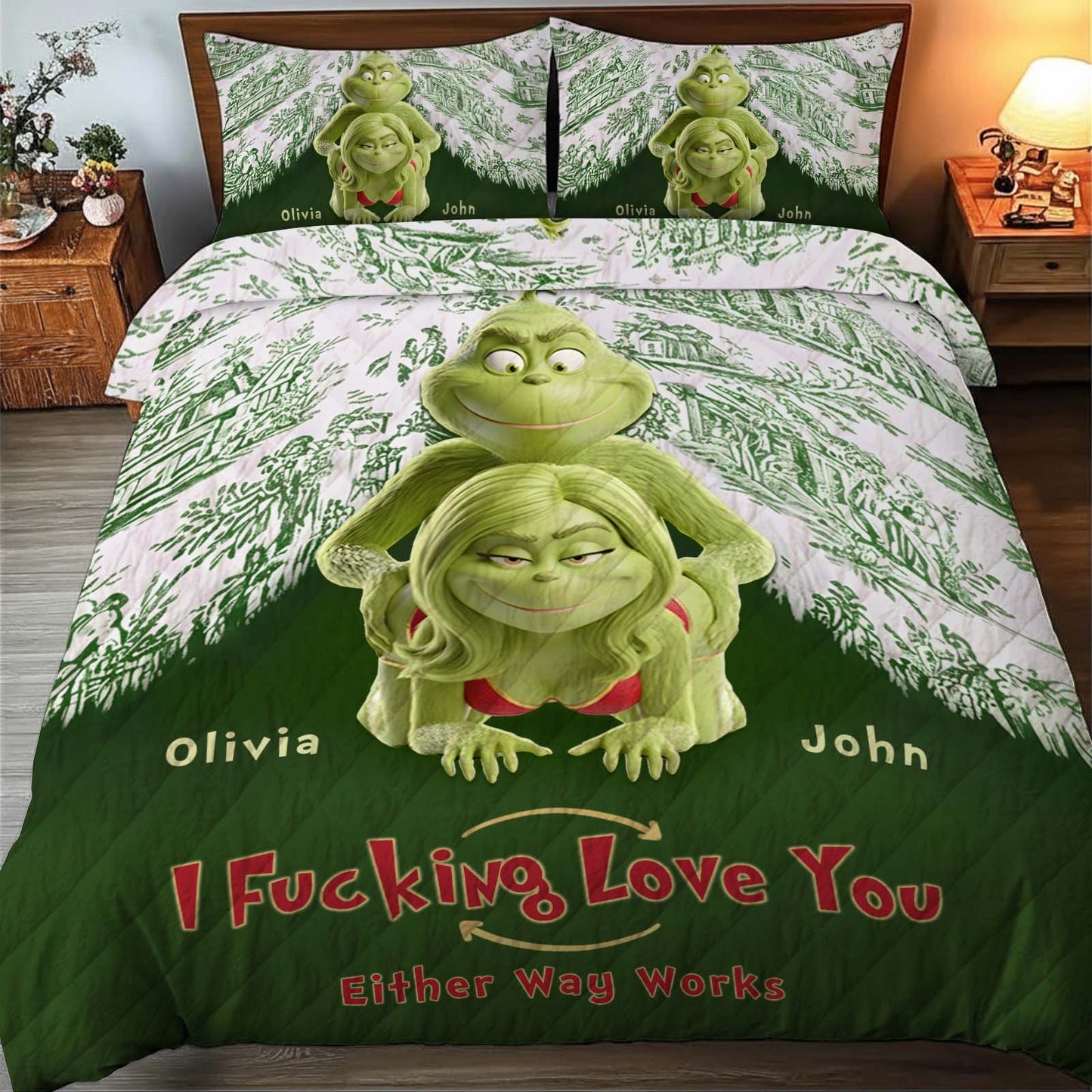 Personalized couple quilt bedding set featuring fun cartoon characters with romantic messages