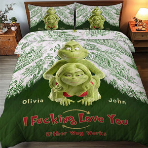 Personalized couple quilt bedding set featuring fun cartoon characters with romantic messages