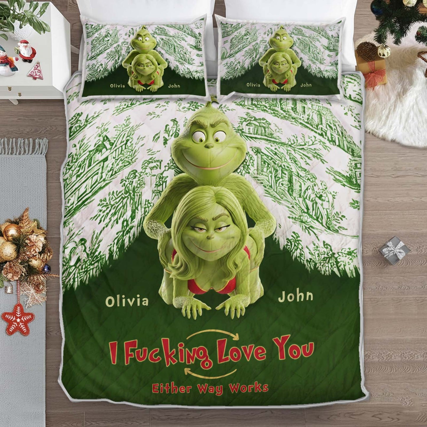 Personalized couple quilt bedding set featuring Grinch and a heartwarming message for couples