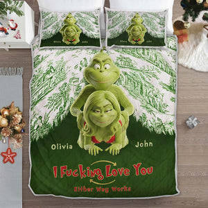 Personalized couple quilt bedding set featuring Grinch and a heartwarming message for couples