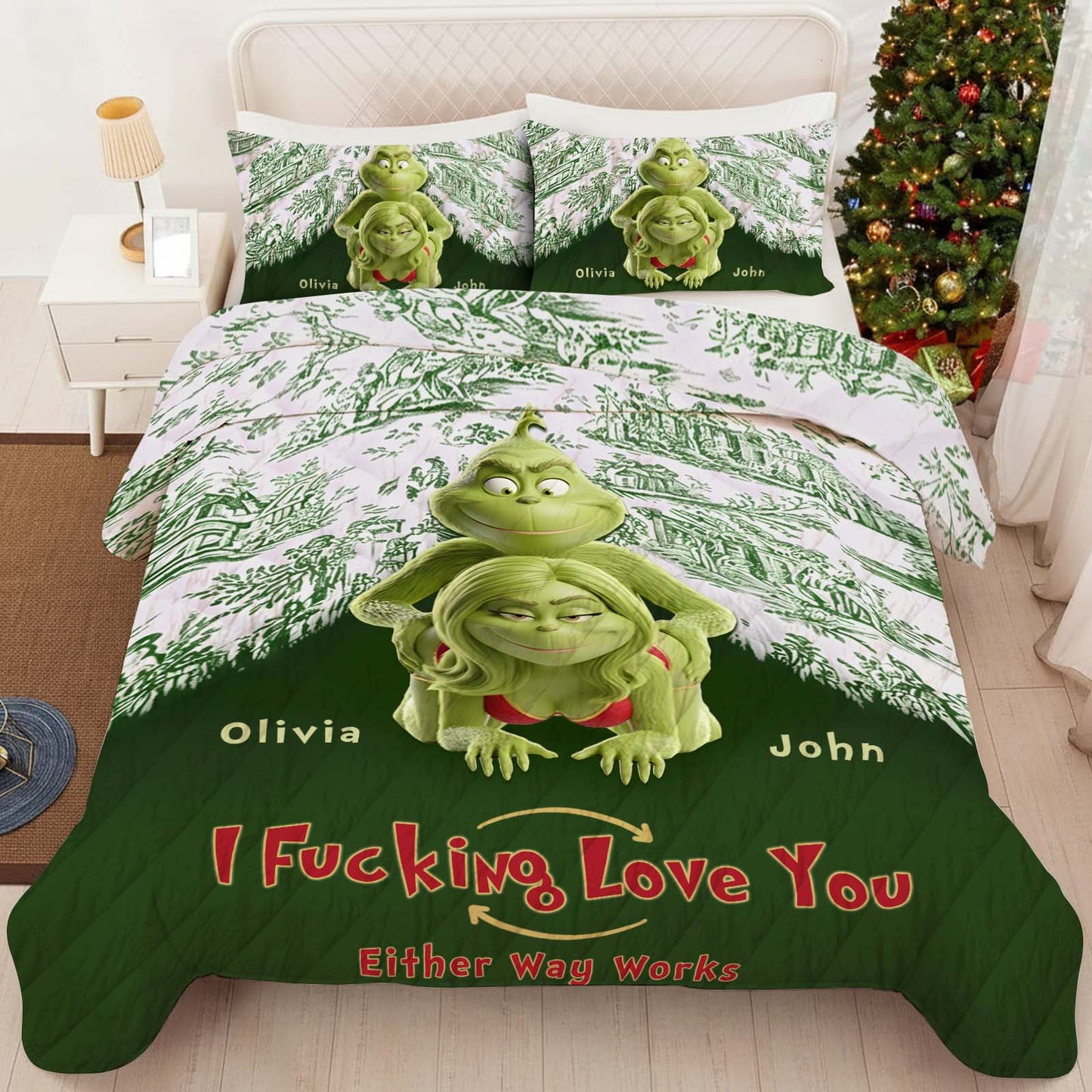 Personalized couple quilt bedding set featuring playful Grinch design with custom names Olivia and John