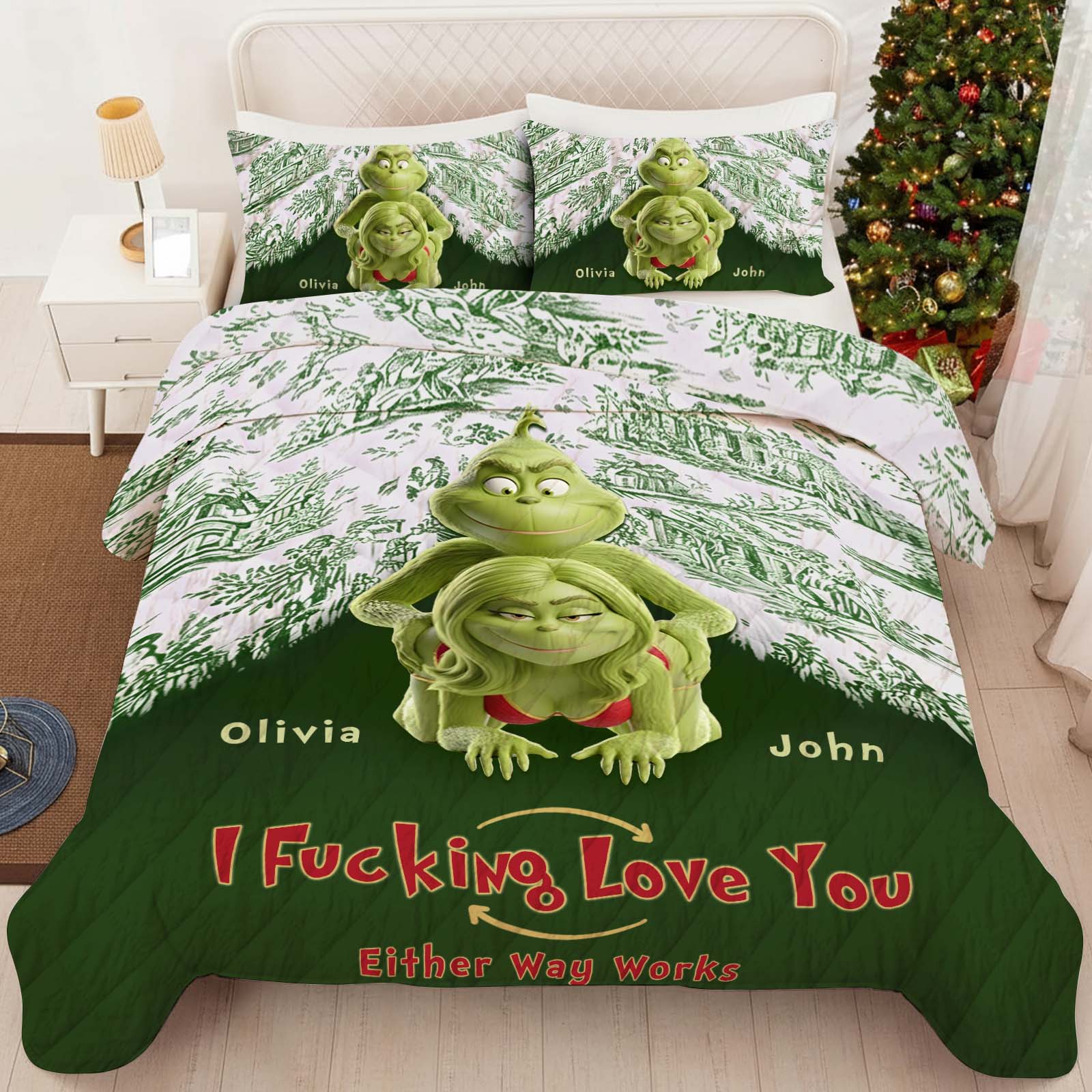 Personalized couple quilt bedding set featuring playful Grinch design with custom names Olivia and John
