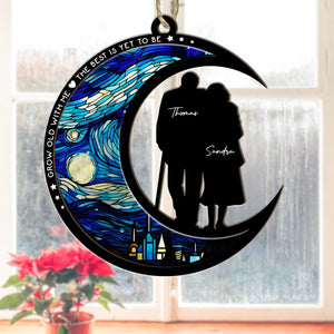 365Gifty personalized couple suncatcher ornament with crescent moon and starry night design hanging by window