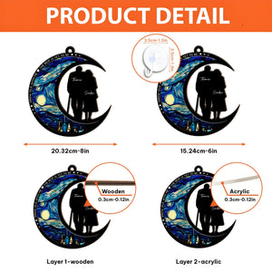 Personalized couple suncatcher ornament made of wooden and acrylic layers featuring a couple silhouette on a starry night crescent moon