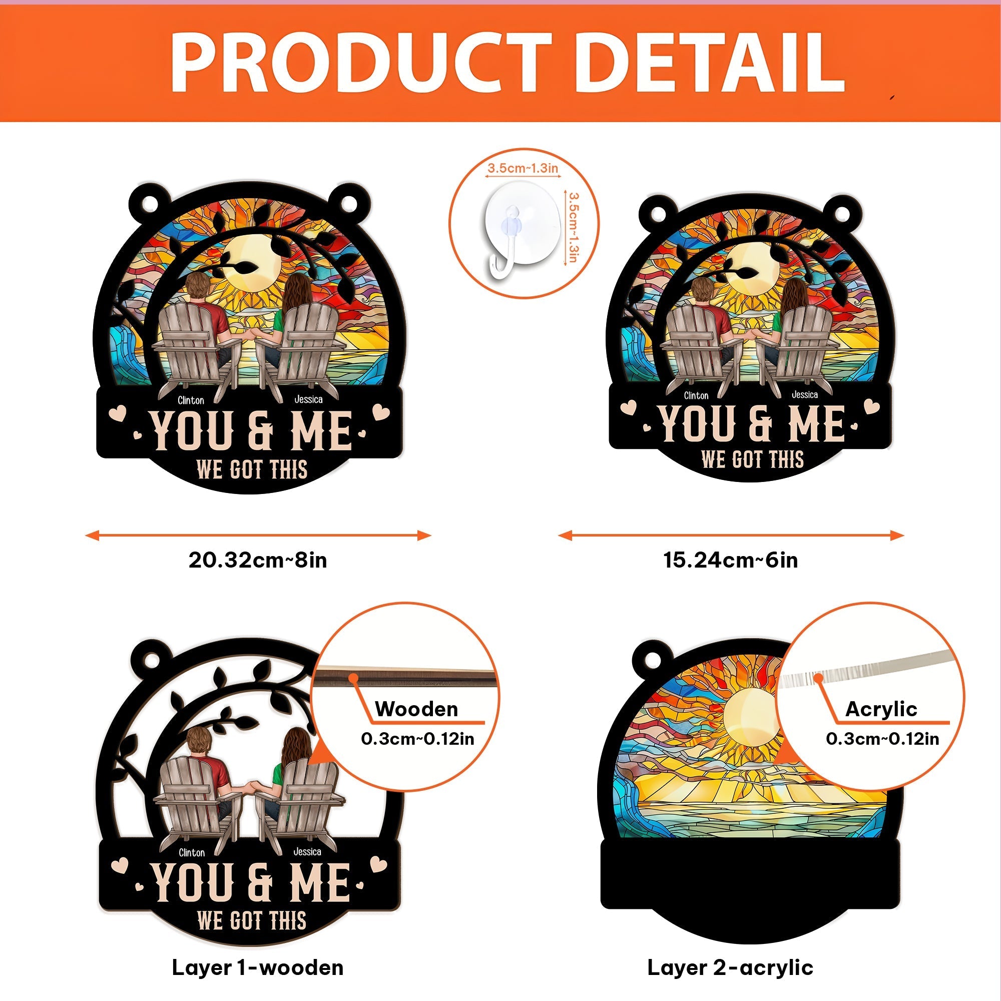 Personalized couple suncatcher ornament with wooden and acrylic layers featuring two chairs and sunset design