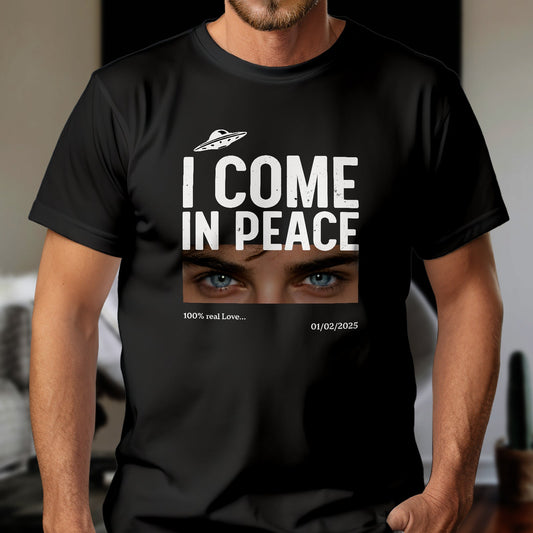 Black personalized couple t-shirt with I Come In Peace graphic and close-up eyes design