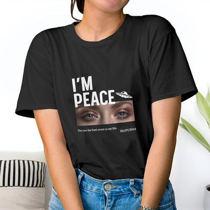 Black personalized couple t-shirt with I'm Peace text and eye graphic worn by woman with jeans