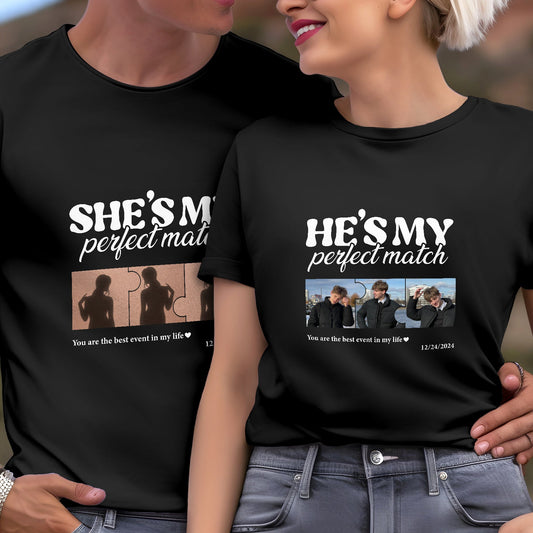 Personalized couple t shirts with matching perfect match design and custom photo prints