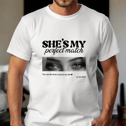 White personalized couple t shirts featuring a custom photo and the text She's my perfect match