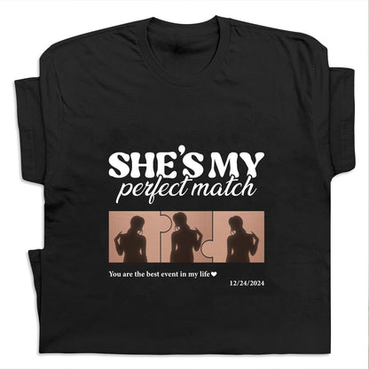 Black personalized couple t shirts with She’s My Perfect Match design and puzzle piece graphics