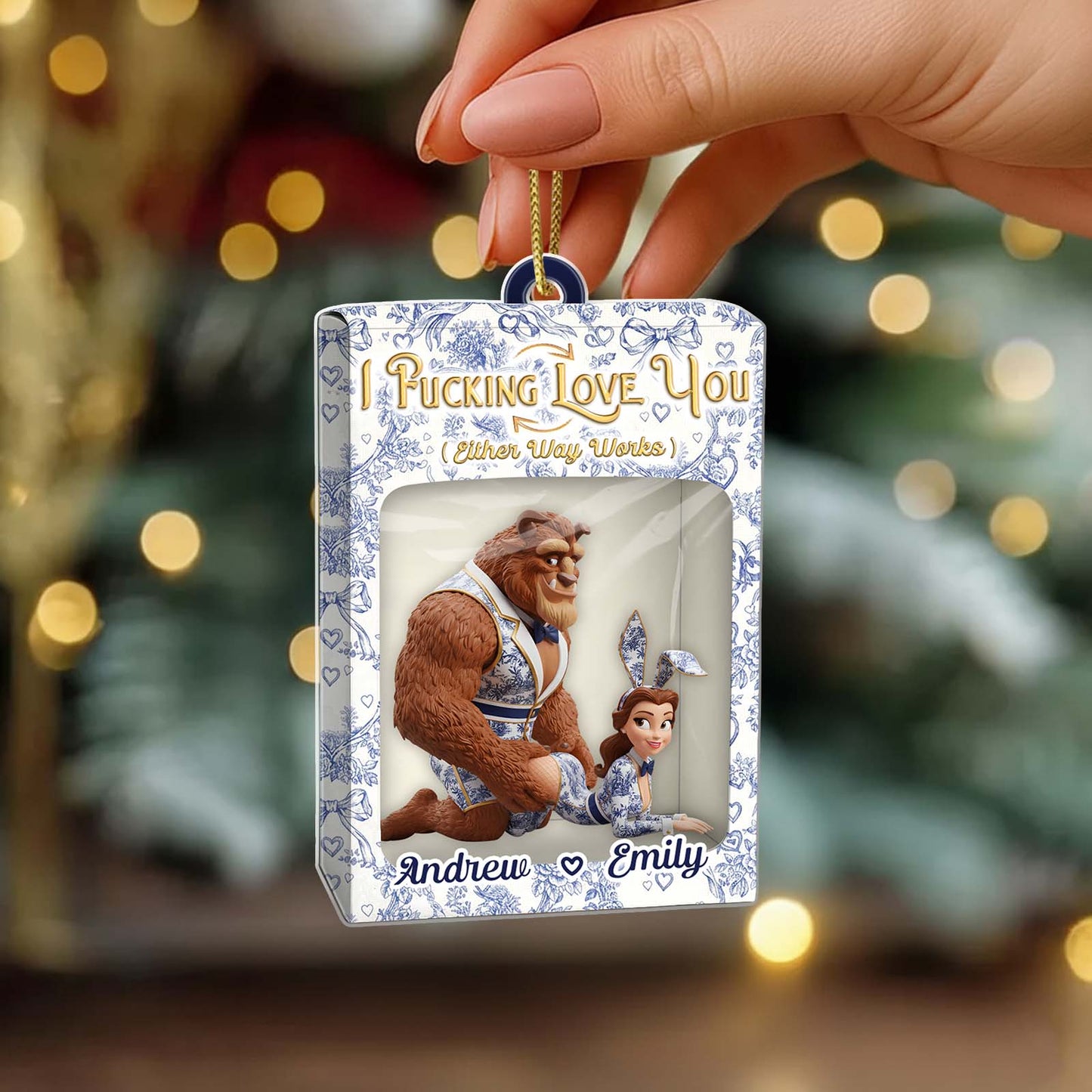 Personalized couple toy box ornament featuring a romantic design with names Andrew and Emily