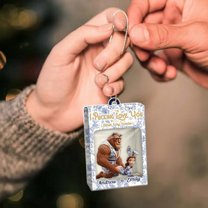 Personalized couple toy box ornament featuring a bear and a couple's names Andrew and Emily