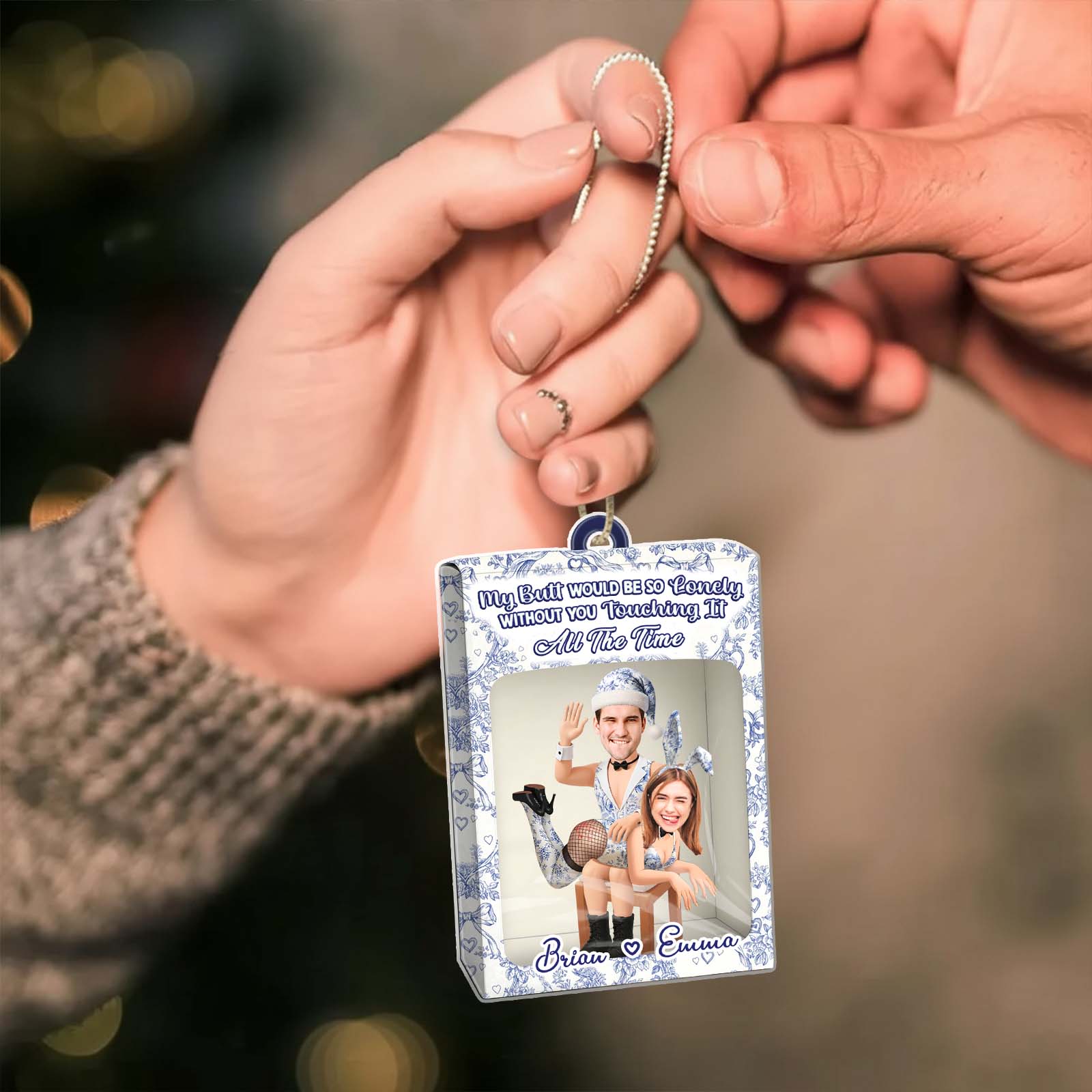 Personalized couple toy box ornament with custom photo and heartfelt message for special occasions