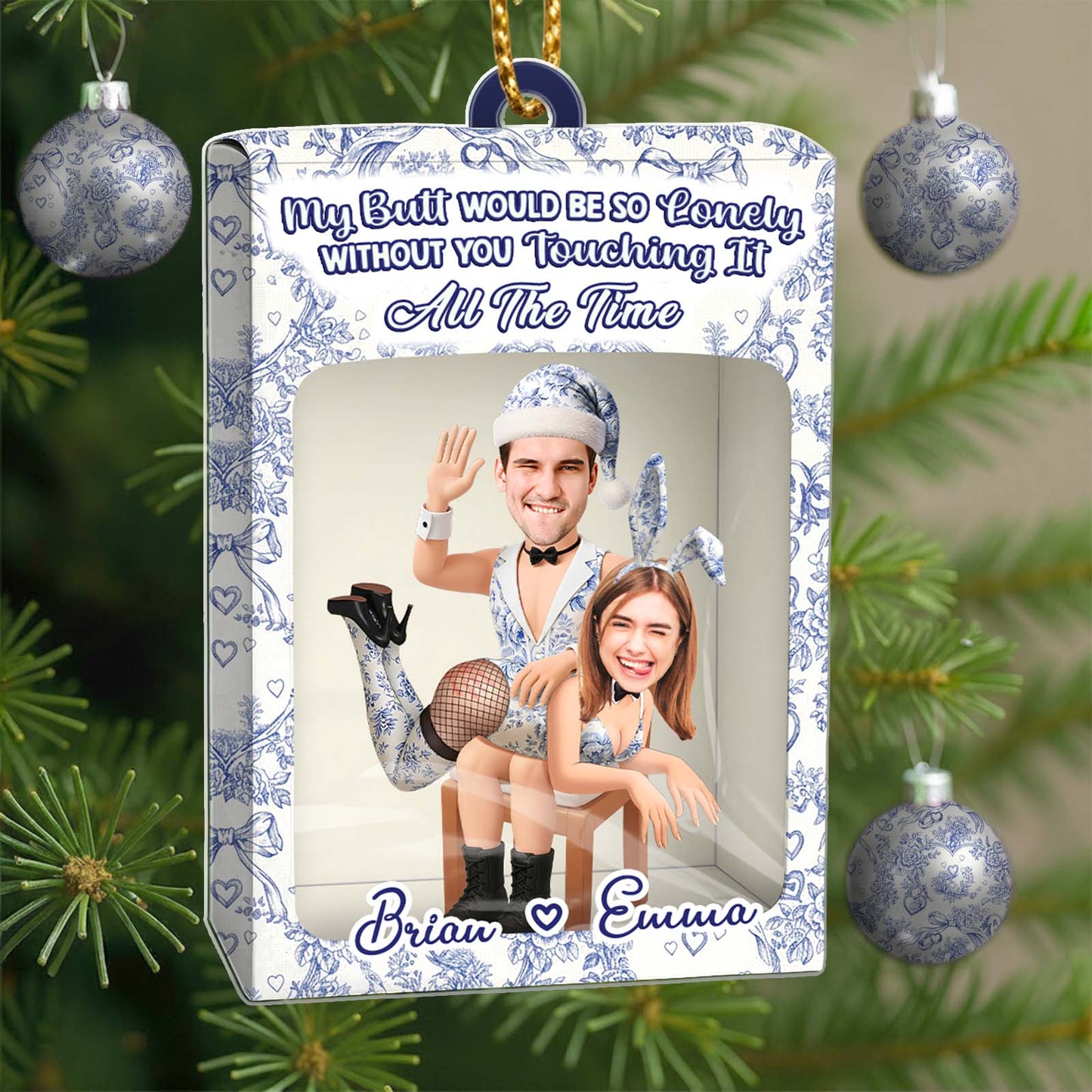 Personalized couple toy box ornament featuring playful design with custom names Brian and Emma