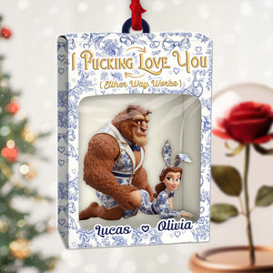 Personalized couple toy box ornament featuring a couple design with Rose background