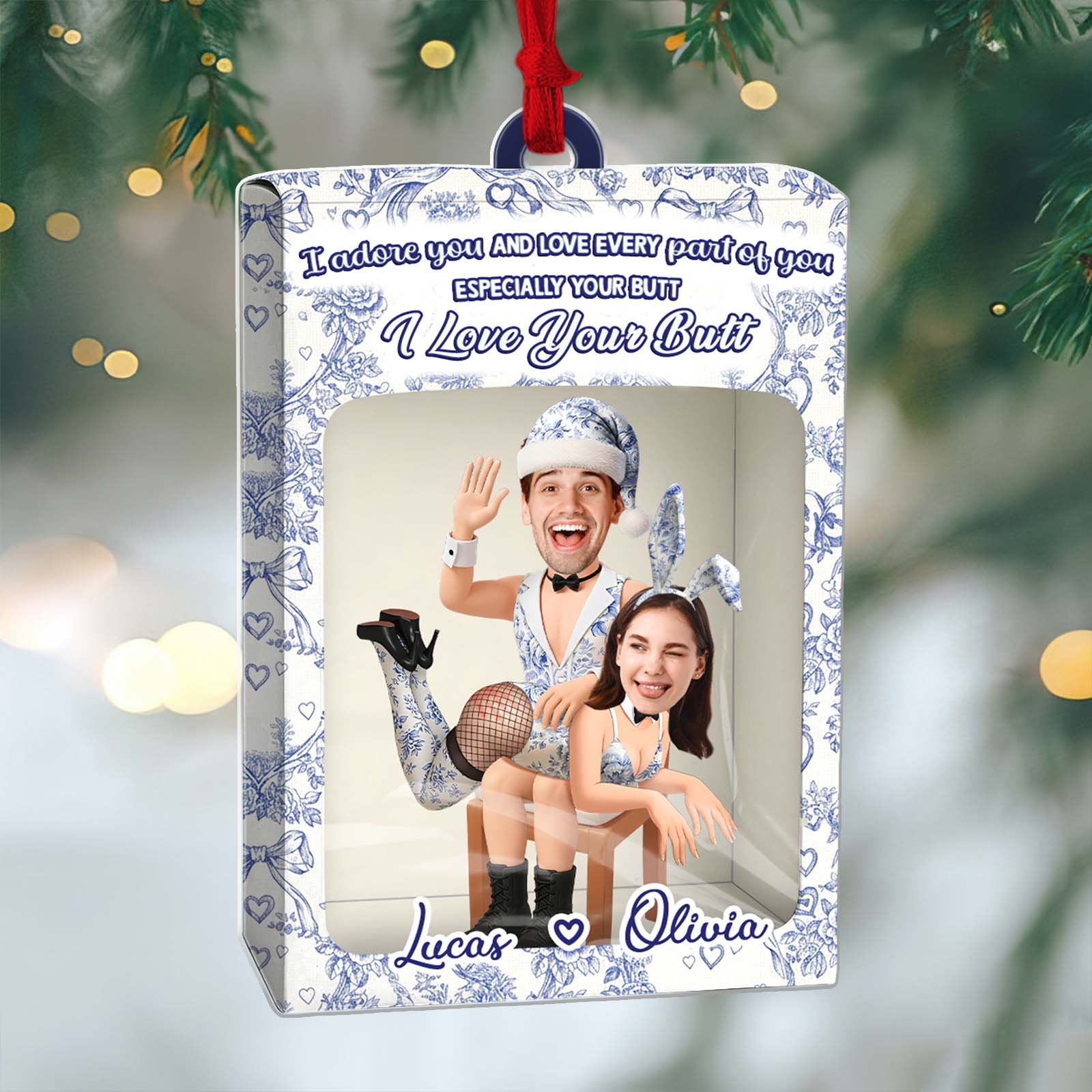 Personalized couple toy box ornament featuring a humorous design with custom names Lucas and Olivia