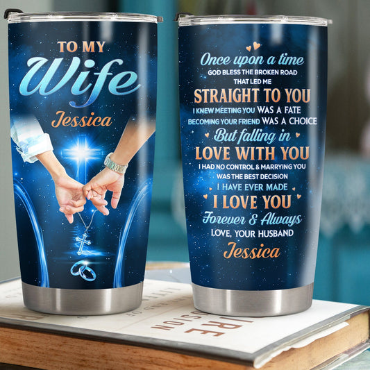 Personalized couple tumbler with romantic message for wife featuring blue background and custom name Jessica