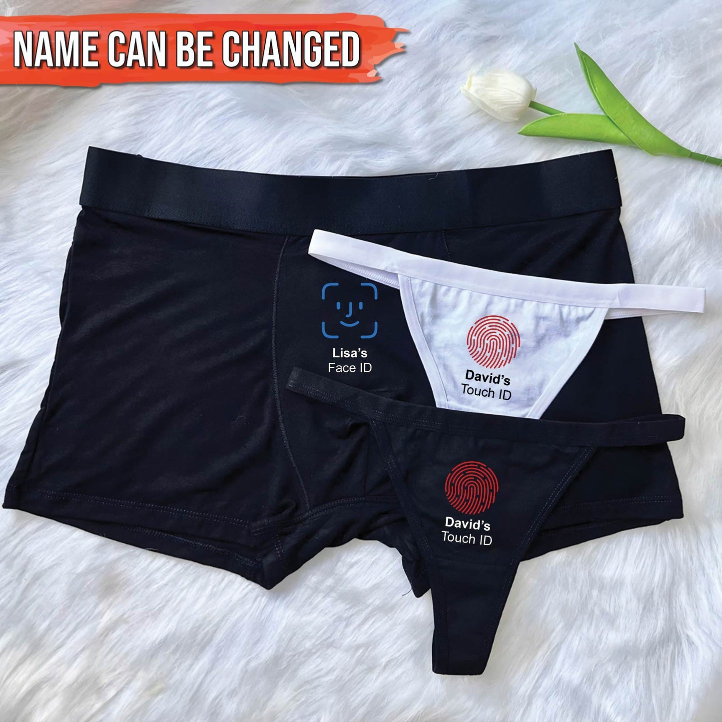 Personalized couple underwear set featuring customizable names and unique designs for a fun gift