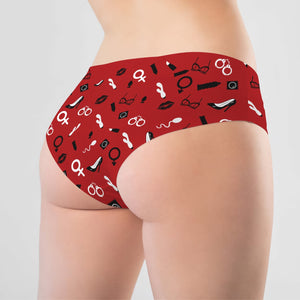 Personalized couple underwear in red with playful design featuring various relationship-themed icons