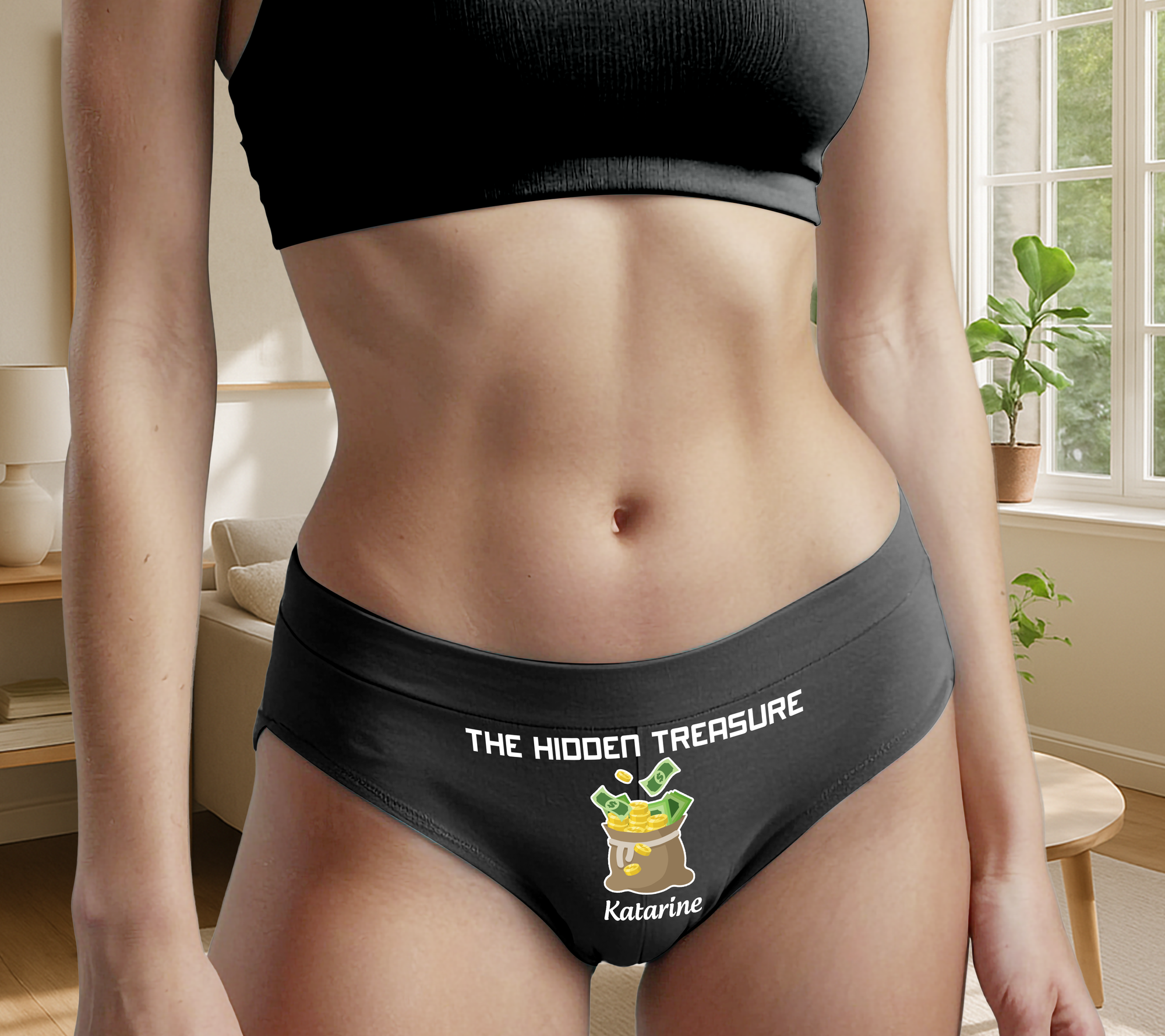 Black personalized couple underwear set featuring custom text and a playful design