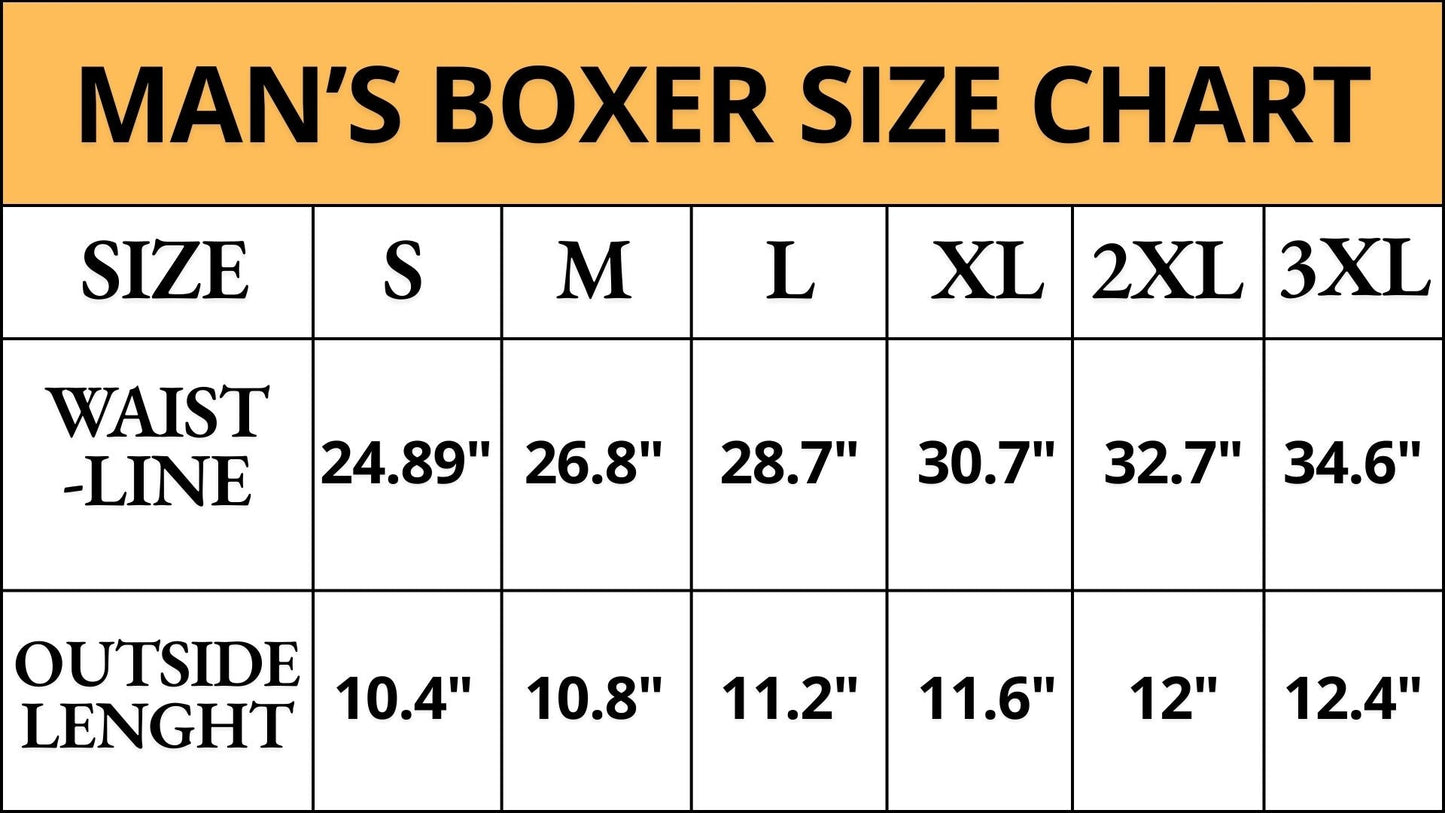 Men's Boxer Size Chart for Personalized Couple Underwear Set with Waistline and Length Details