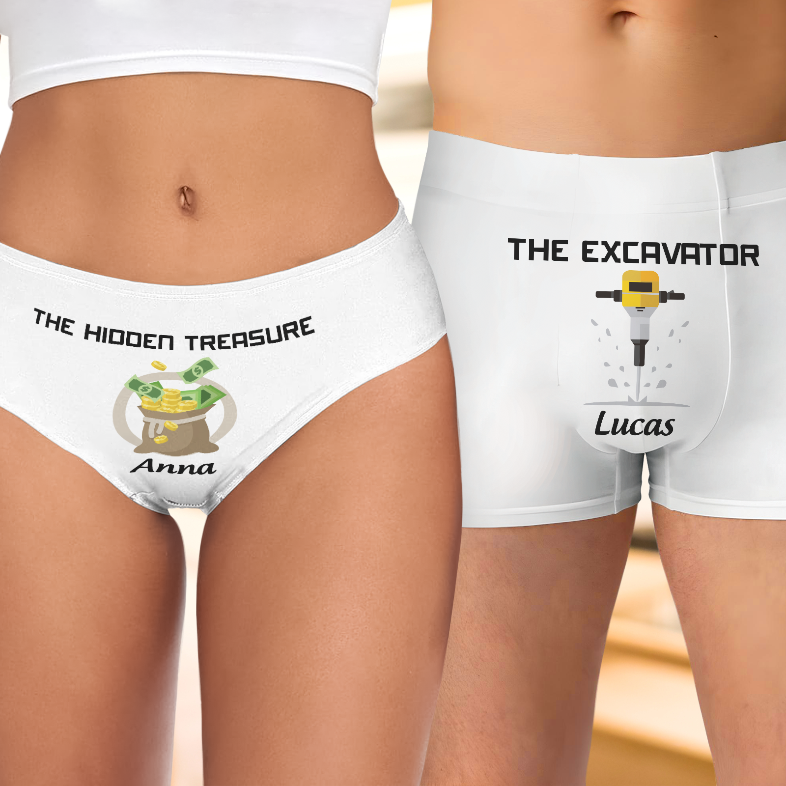 Personalized couple underwear set featuring custom designs and names for a fun and unique gift
