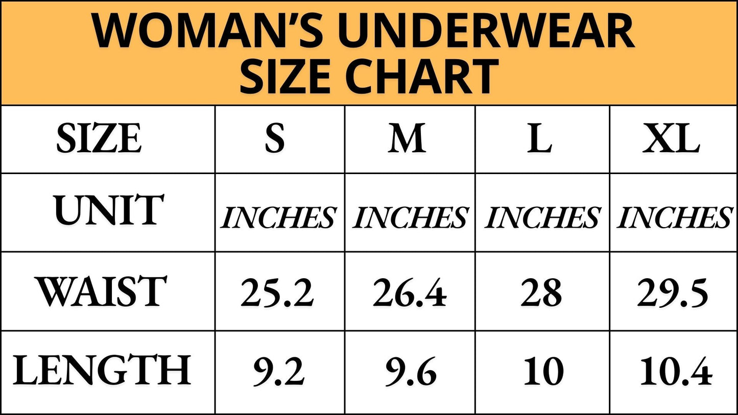 Woman's underwear size chart with measurements for personalized couple underwear set