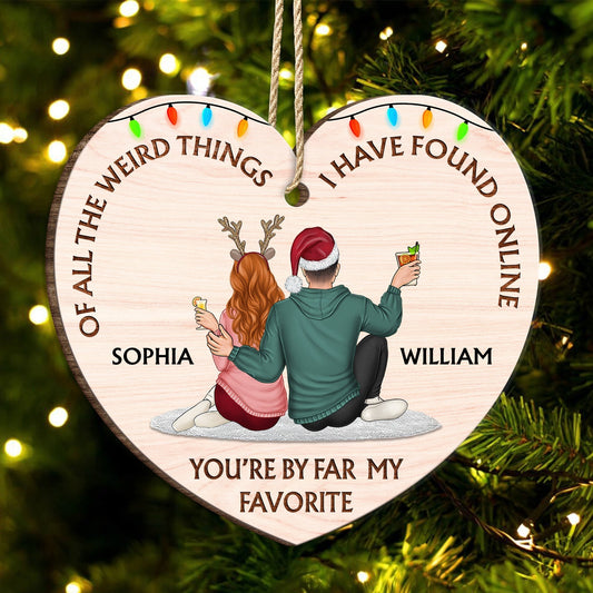 Personalized couple wooden ornament heart shaped with custom names Sophia and William on Christmas tree