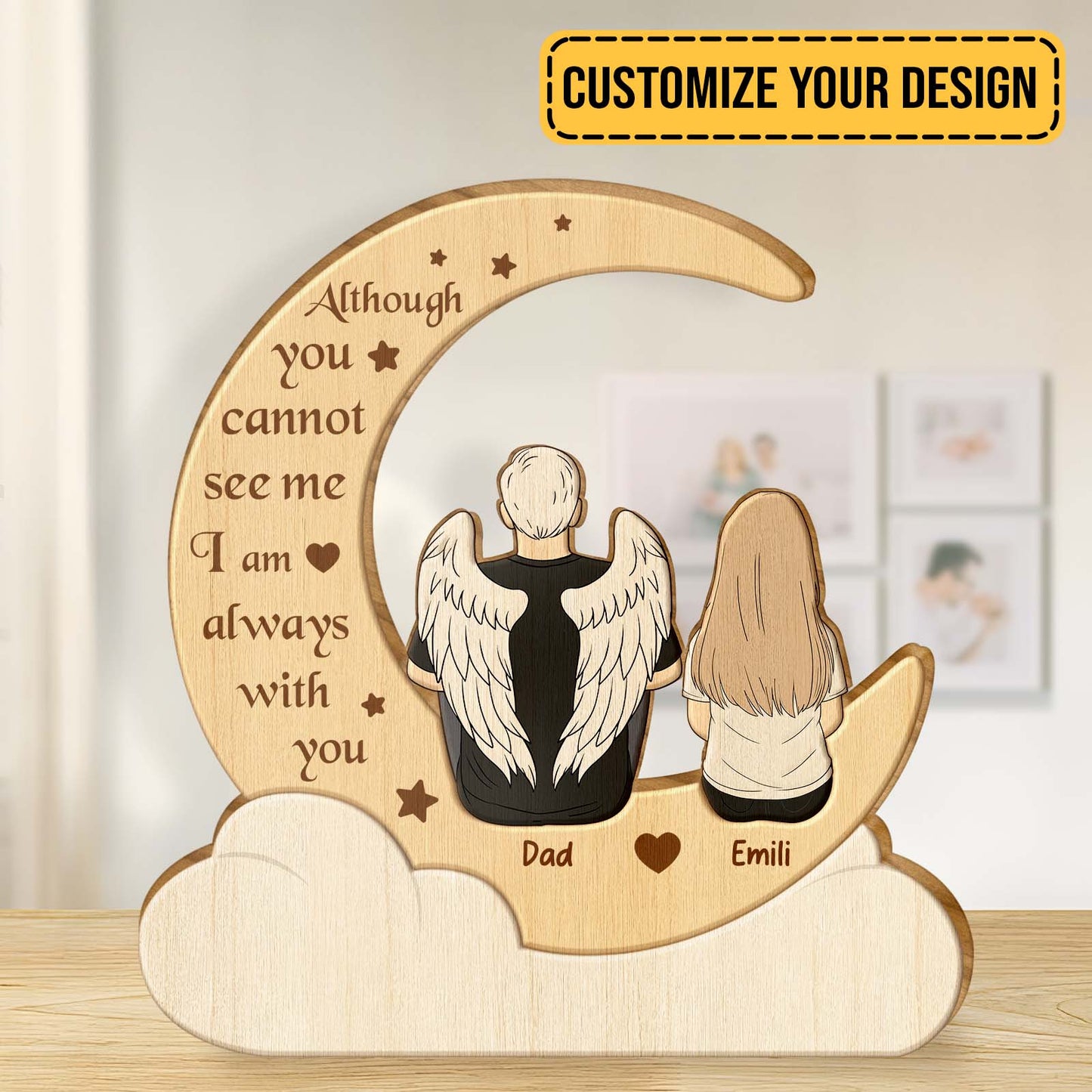 Personalized couple wooden puzzle with angel wings and custom names sitting on a crescent moon