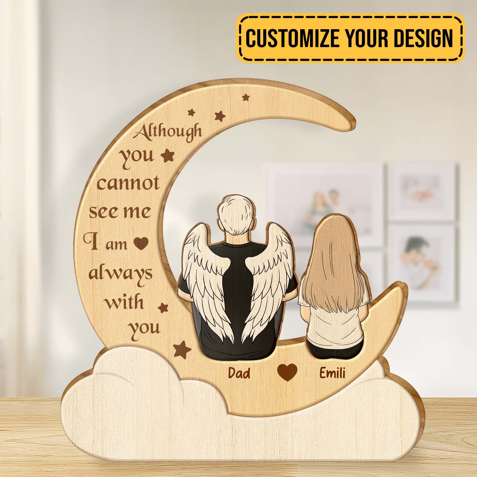 Personalized couple wooden puzzle with angel wings and custom names sitting on a crescent moon