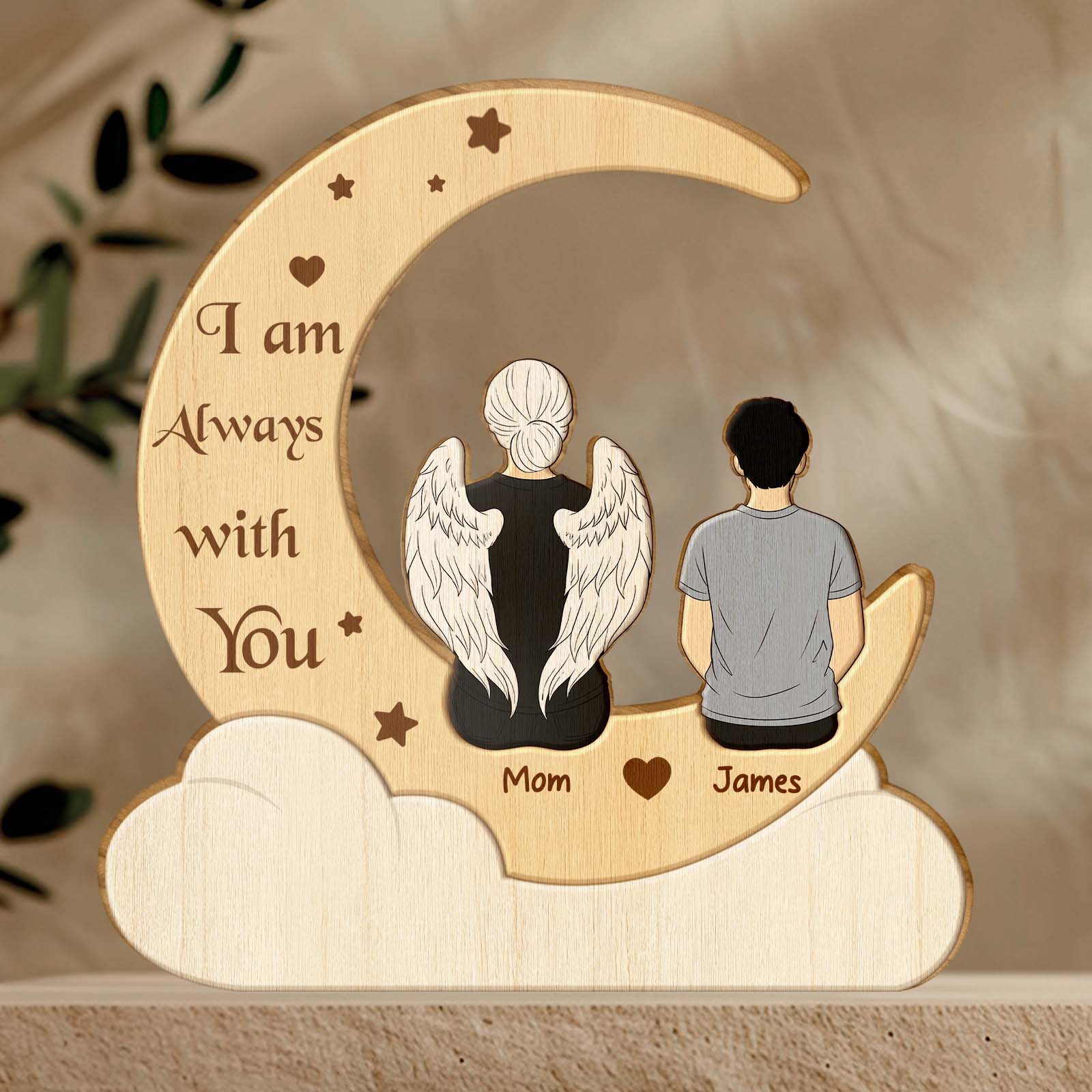 Personalized couple wooden puzzle featuring a mom and son sitting on a crescent moon with engraved message