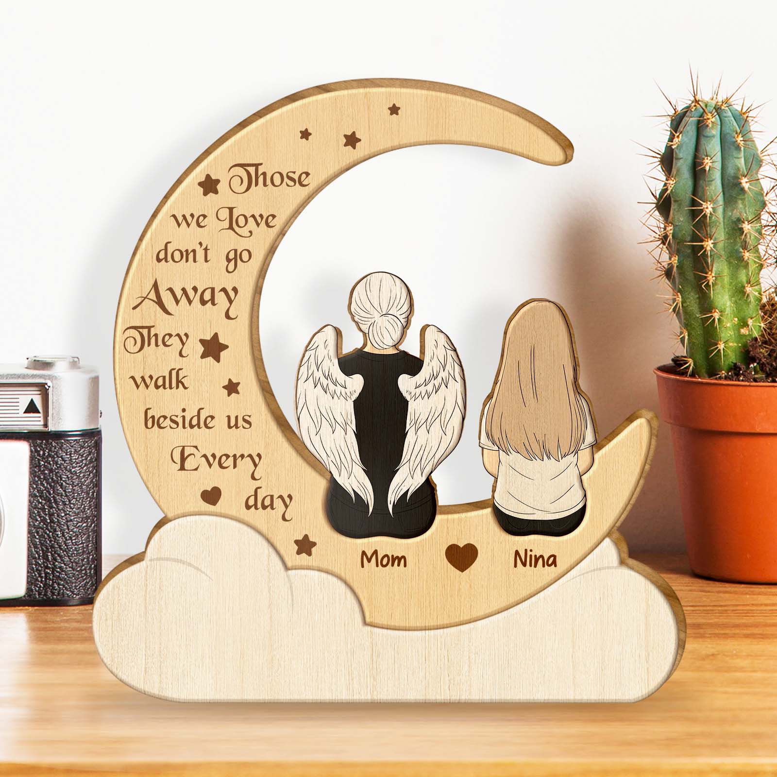 365Gifty personalized couple wooden puzzle with engraved angel wings and custom names on crescent moon shape