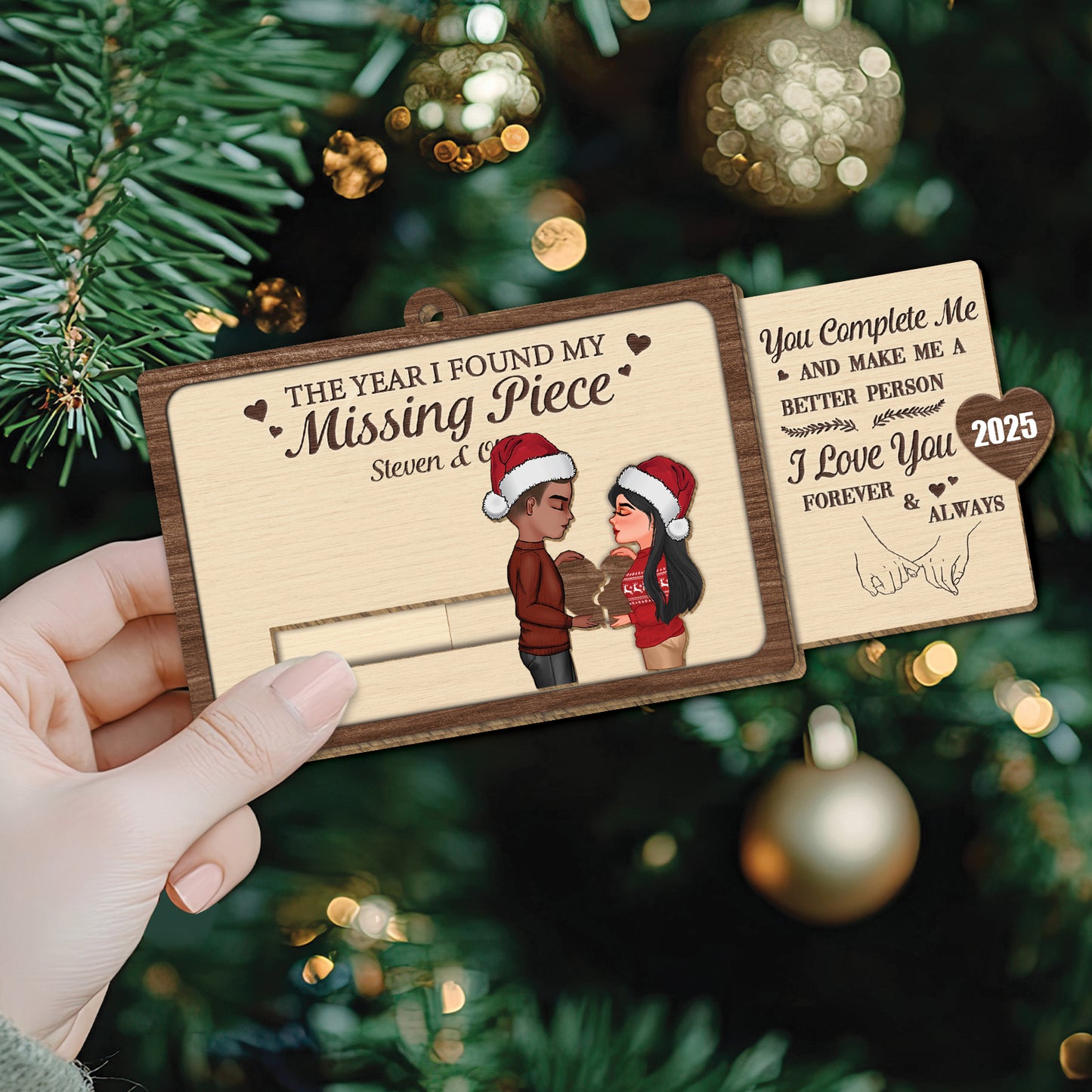 Personalized couple wooden slider card featuring a joyful holiday design with a romantic message