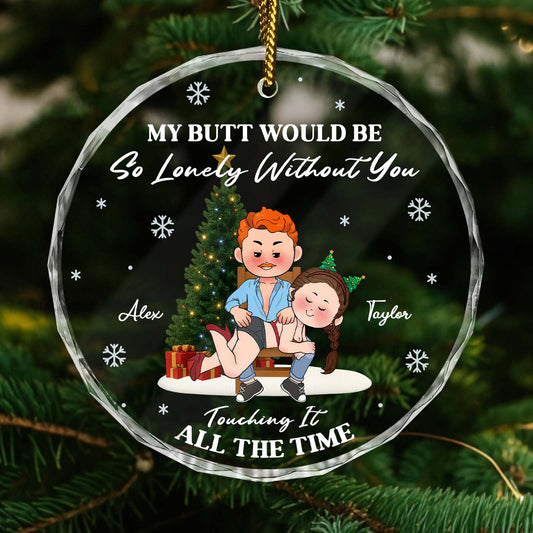 Personalized couples Christmas ornament featuring a playful couple with a sweet message and holiday design
