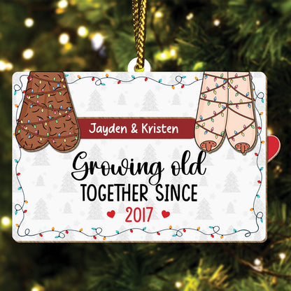 Personalized couples Christmas ornament with names Jayden and Kristen growing old together since 2017