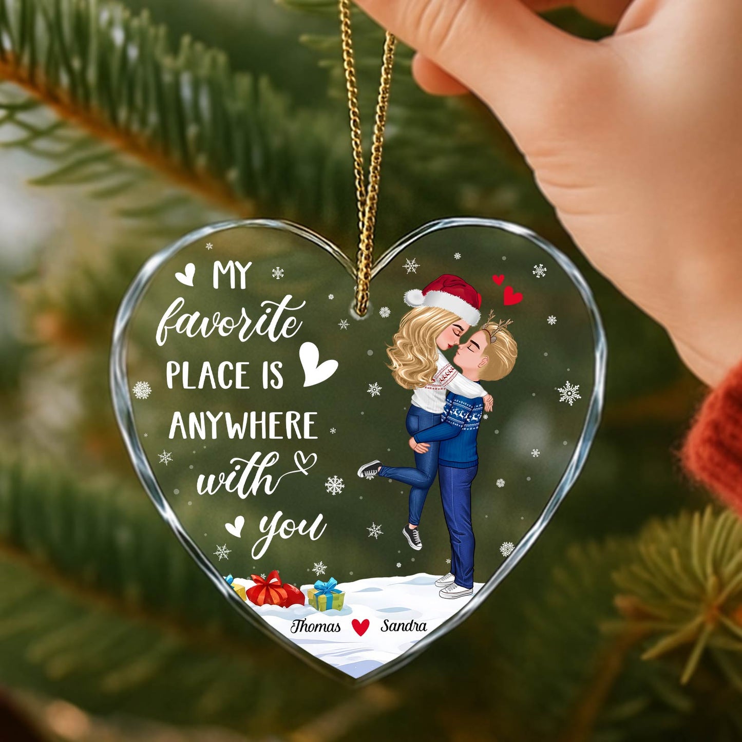 Personalized couples glass ornament with a heart shape, featuring a romantic couple and customized names