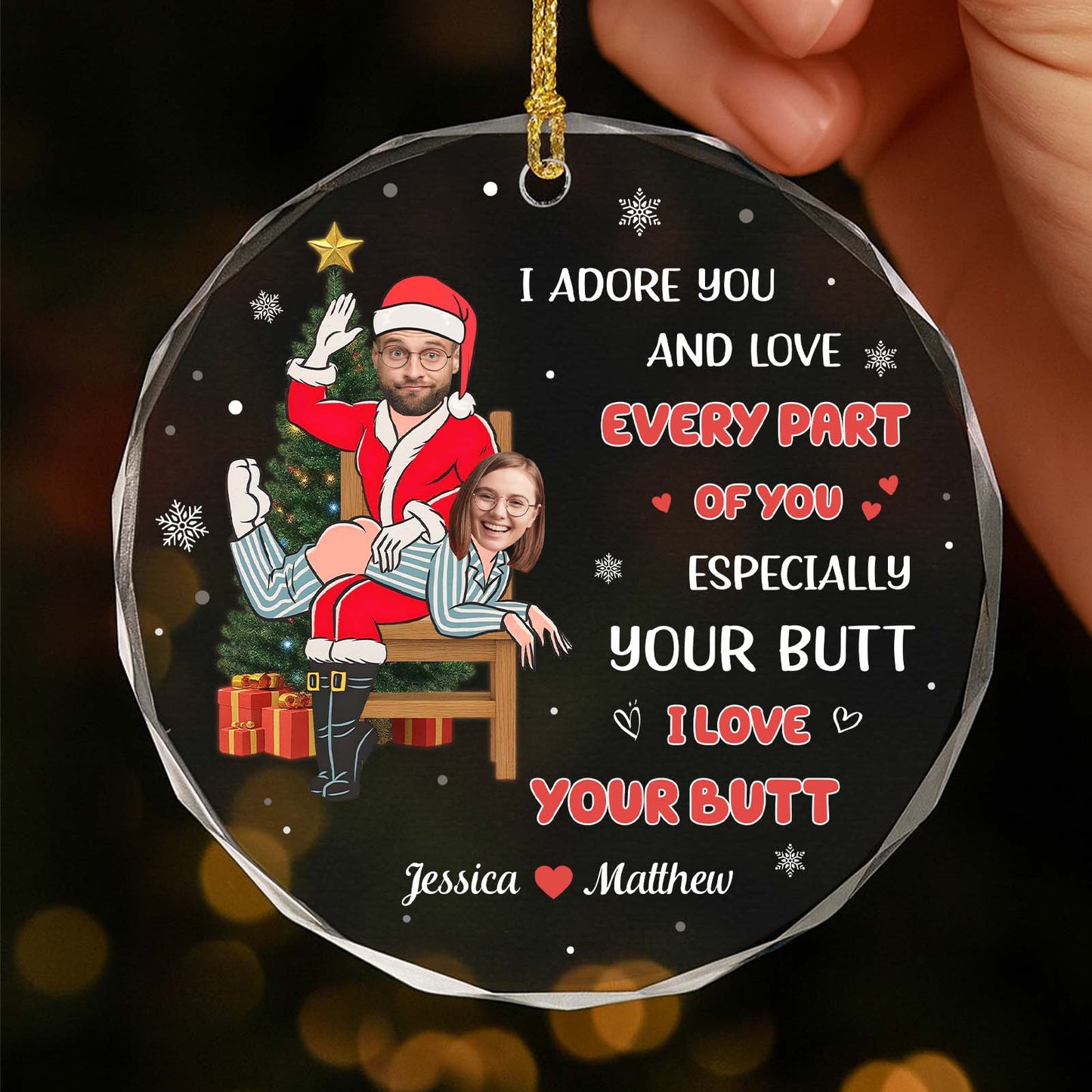 Personalized couples glass ornament featuring a fun holiday design of Jessica and Matthew with a humorous message