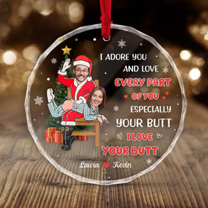 Personalized couples glass ornament featuring playful holiday design with names Laura and Kevin