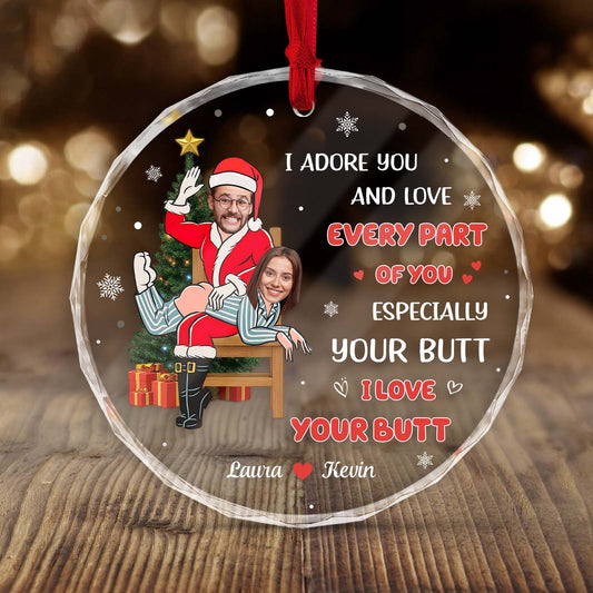 Personalized couples glass ornament featuring playful holiday design with names Laura and Kevin
