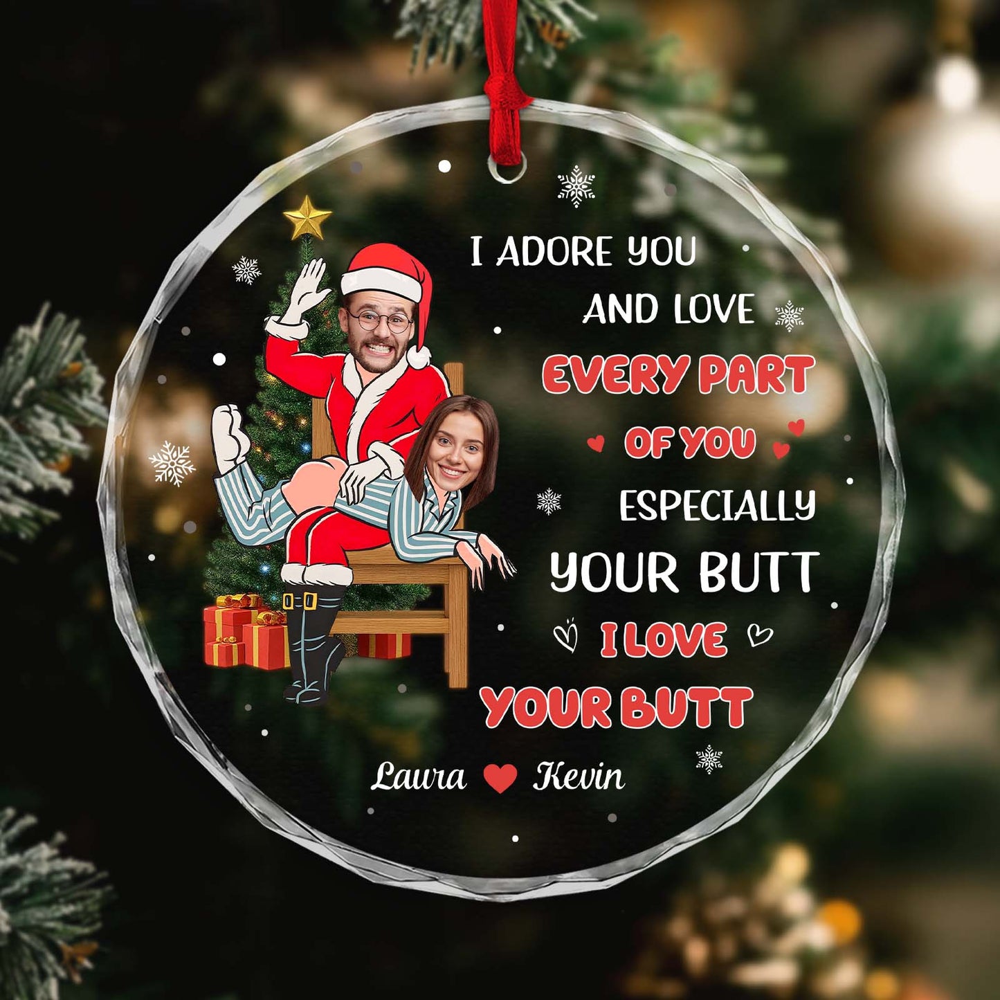 Personalized couples glass ornament featuring custom text and festive design with Santa and joyful couple
