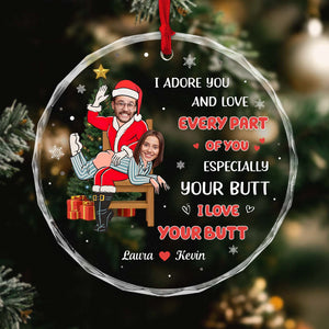 Personalized couples glass ornament featuring custom text and festive design with Santa and joyful couple