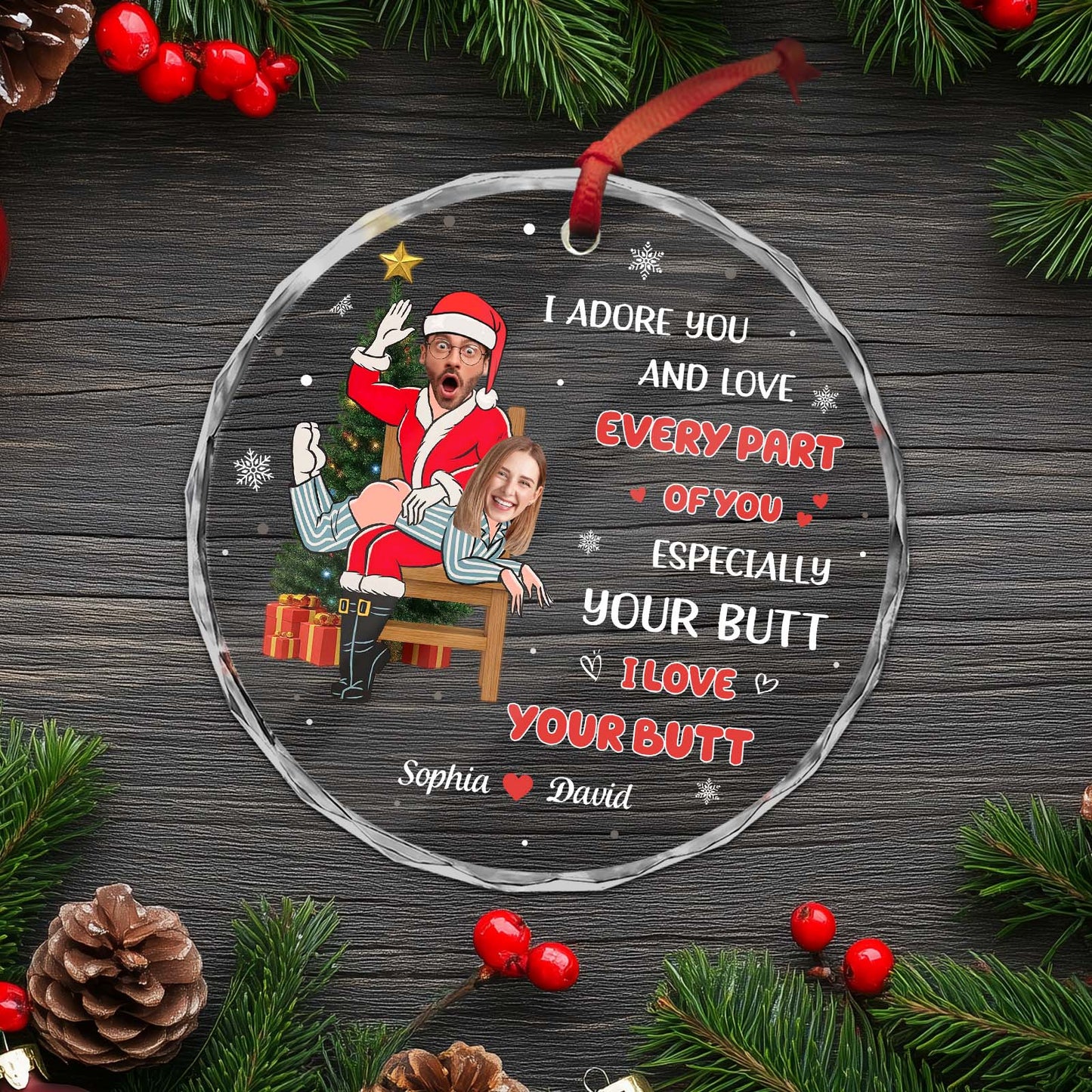 Personalized couples glass ornament featuring a fun holiday design with custom names and playful text