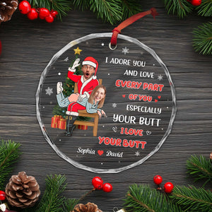 Personalized couples glass ornament featuring a fun holiday design with custom names and playful text