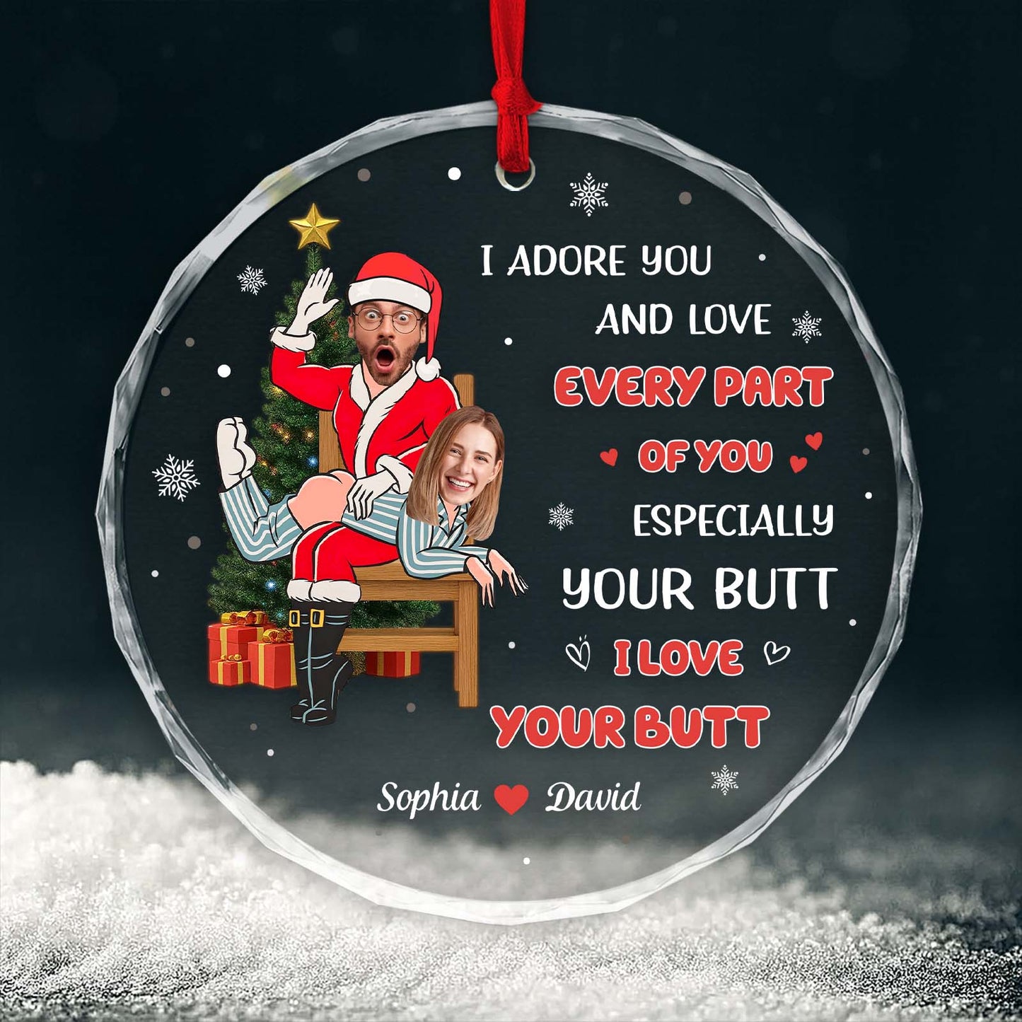Personalized couples glass ornament featuring playful design with custom names Sophia and David