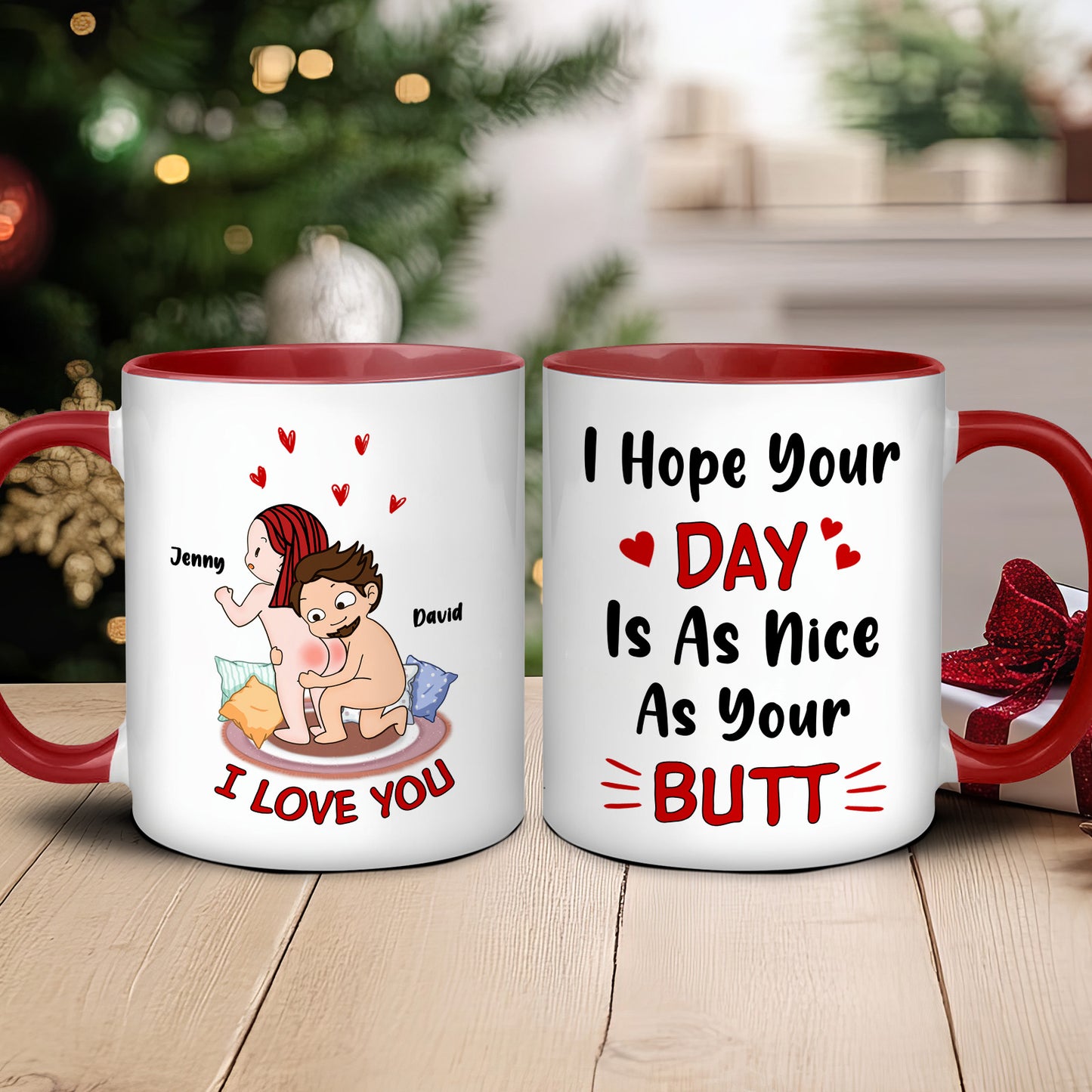 Personalized couples mug featuring cartoon design with names and playful quote for fun gifts